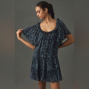 Anthropologie Blue Floral Keyhole Swing Tunic Mini Dress - Size Medium